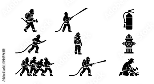 Firefighter silhouette vector set, professional fire department icons with firemen using hoses and extinguishers, emergency rescue service graphics