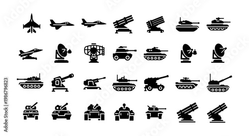 Military vehicle icons set, 28 black solid vector elements of army tanks and fighter jets, heavy artillery and radar equipment for war games