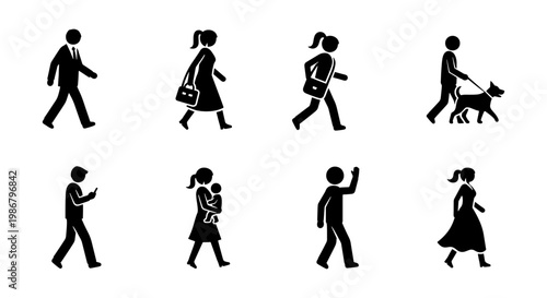 Walking people stick figure icons, set of 8 pedestrian silhouettes in motion, diverse urban characters walking dog and carrying baby, black vector pictograms
