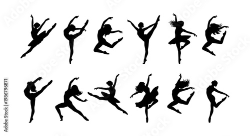 Graceful ballet dancer silhouettes set, 12 ballerina vector elements in active poses, black female dance figures isolated on white background