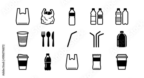 Single use plastic icons set, black linear vector symbols of disposable waste, 15 environmental pollution elements including bottles and bags