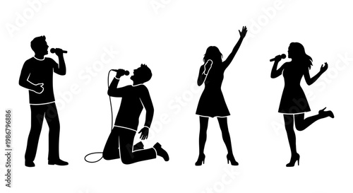 Singer silhouette vector set, male and female vocalists performing with microphones, black music artist figures, karaoke and concert performers