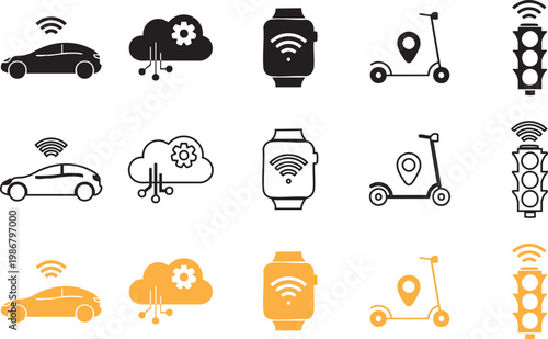Smart city and internet of things icon set featuring autonomous cars, cloud computing, smartwatches, electric scooters, and traffic lights.
