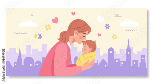 Mothers Day Banner Loving Mom Kissing Baby City Background Flat Vector Illustration