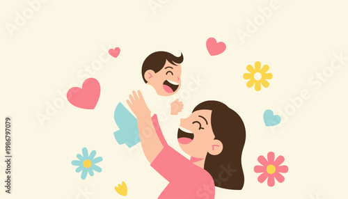 Happy Mothers Day Mom Lifting Baby with Love Cute Flat Vector Illustration