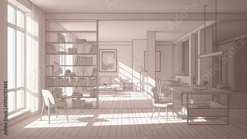 A modern minimalist living room and kitchen interior design with a bookshelf and table.