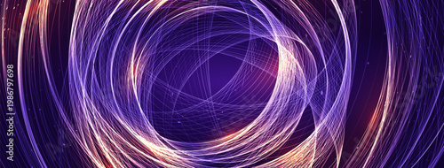 Abstract glowing light trails forming circular vortex, futuristic energy motion, immersive digital mood. Ideal for banner, poster, cover, presentation, wallpaper. Vector illustration