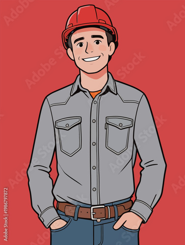 Cartoon Male Worker with Red Hard Hat