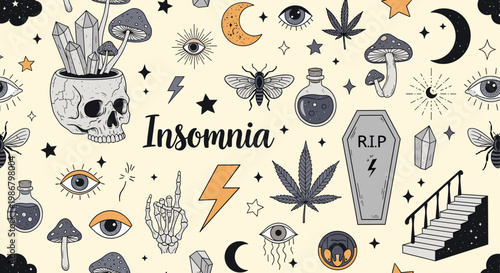 Seamless pattern background featuring various hand drawn insomnia and mystical icons like skulls, crystals, and mushrooms.