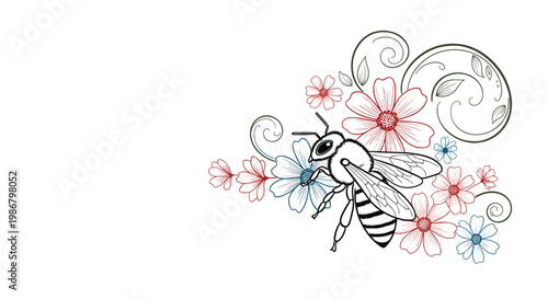 Hand drawn illustration of a honey bee flying among delicate red and blue flowers with elegant decorative swirls.