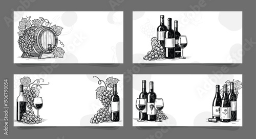 Set of four horizontal banners featuring detailed black and white sketches of wine barrels, bottles, glasses, and grapes.