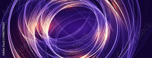 Abstract Luminous Rings Background Of Neon Light Spiral With Glowing Purple Energy Trails Forming A Futuristic Vortex On Dark Space. Biotech Science Research BG. Vector Illustration.