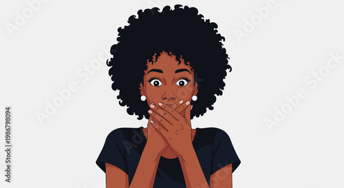 Young african american woman with curly afro hair expresses shock and surprise by covering her mouth with her hands.