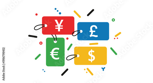 Set of four vibrant price tags featuring international currency symbols for the yen, pound, euro, and dollar among confetti.