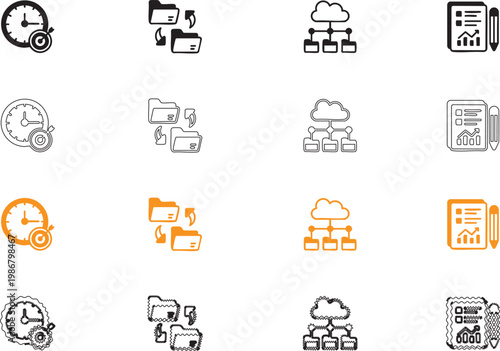 Business and data management icon set featuring time tracking clock, folder organization, cloud computing network, and financial report analytics.