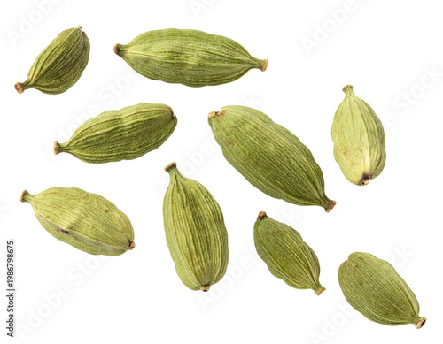 Falling cardamom pods isolated on white background, flying green spice seeds cutout