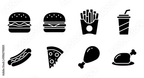 Fast food icon set with 8 black solid silhouettes. Burger, french fries, soda and pizza vector elements. Junk food and takeout meal symbols.