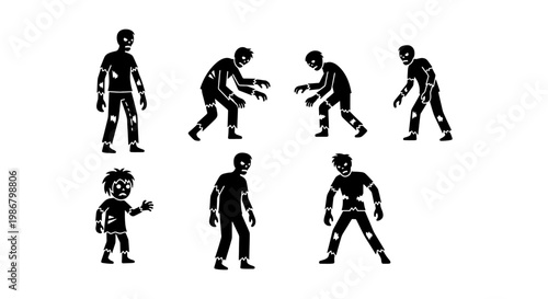 Zombie silhouette vector set, undead walking figures in black and white, creepy horror character collection for Halloween design projects
