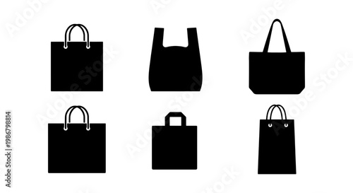 Minimalist shopping bag icons set, black silhouette retail carrier bags, 6 vector elements for e-commerce and grocery store packaging design