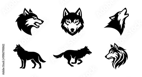Wolf head and silhouette vector set, 6 black and white wildlife icons, howling and running wolf mascot logos for sports branding and outdoors apparel