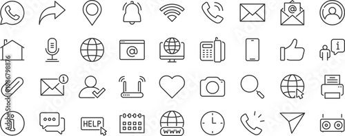 Contact Us web icons. Web and mobile icon. Chat, point, chat, support, message, phone, globe, call, info collection. Editable stroke. Vector