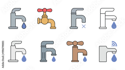 Set of various modern and retro water faucet and tap icons, plumbing and water conservation symbols, clean vector illustration set.