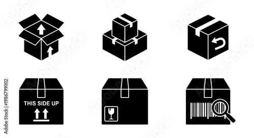 Logistics and shipping box icon set, 6 black cardboard package vectors, delivery and warehouse storage symbols for e-commerce and distribution