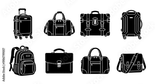 Black travel luggage icons set, 8 vector baggage elements including suitcases, backpacks and briefcases, professional travel gear illustrations
