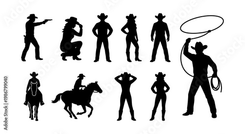 Wild West cowboy silhouettes set, black western outlaw and cowgirl figures, 10 vector elements with lasso and horse riders