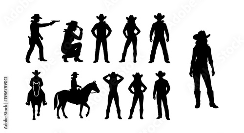 Wild West cowboy silhouettes set, 11 western character vector elements, black outlaw and cowgirl figures, horse rider and gunfighter icons