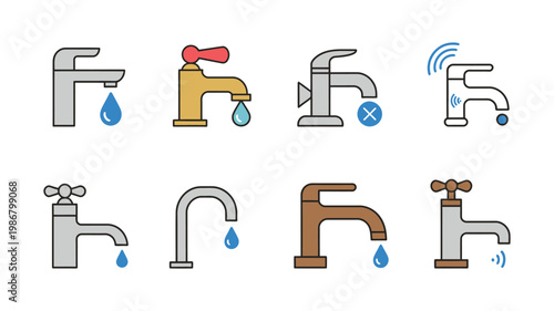 Set of various modern and retro water faucet and tap icons, plumbing and water conservation symbols, clean vector illustration set.