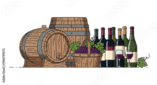 Still life illustration with wooden wine barrels, various bottles, two glasses of red wine, and a basket of purple grapes.