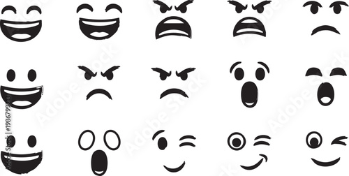 Set of Diverse Minimalist Emoji Faces Expressing Various Human Emotions and Reactions