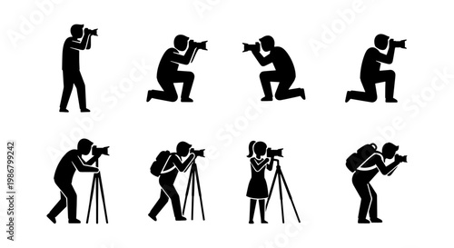 Professional photographer silhouette icons, set of 8 vector figures with cameras and tripods, photography hobbyist and journalist pictograms