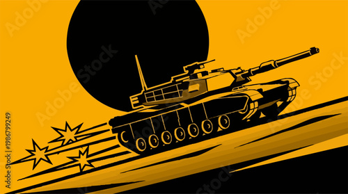 Modern tank on an incline with dynamic stars in a bold graphic style
