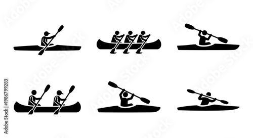 Kayaking and canoeing icon set, black silhouette stick figures rowing boats, collection of 6 water sports vector elements for outdoor recreation