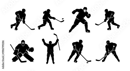 Ice hockey player silhouettes set, professional athlete action poses with sticks and pucks, 8 vector icons for sports competition and team branding