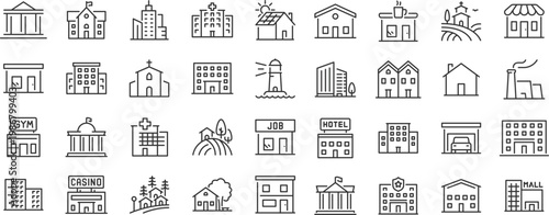 Building web icons. Hotel, hospital, apartament, city, town house, mall, coffee, collection. Vector