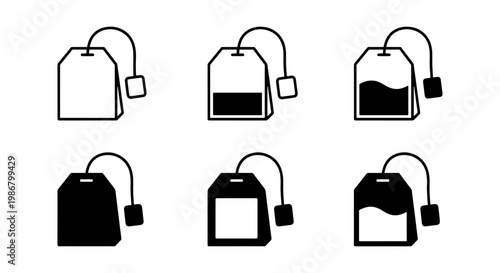 Minimalist tea bag icon set, black and white beverage brewing symbols, 6 vector tea bag elements for menu design and packaging