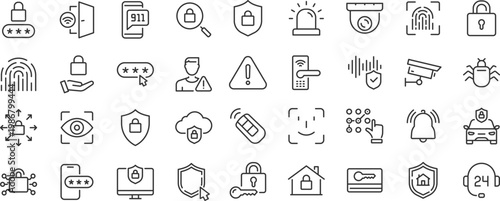 Security web icons. Guard, cyber security, password, smart home, safety, data protection, key, shield, lock, unlock, eye access. Editable stroke. Vector
