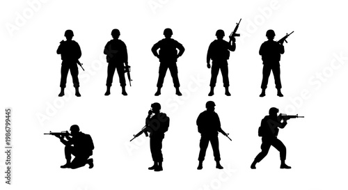 Military soldier silhouettes set, collection of 9 armed infantry warrior vector icons, tactical army personnel in combat poses with rifles and gear