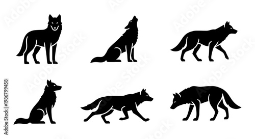 Wolf silhouette vector set, black wild animal icons in various poses, 6 howling and walking timber wolf graphics, minimalist forest predator illustrations