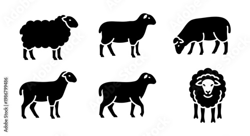 Black sheep silhouette icons set, minimalist farm animal vector collection, 6 woolly lamb graphic elements for agricultural branding and logos