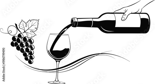 Artistic black and white illustration showing red wine pouring from a bottle into a glass with a bunch of grapes and decorative swirls.