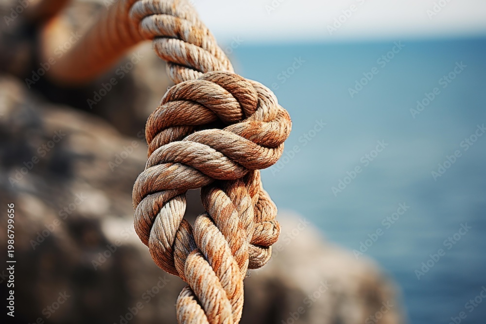 Fototapeta premium Thick, weathered rope with a secure knot, symbolizing strength, resilience, and connection against a blurred seascape background
