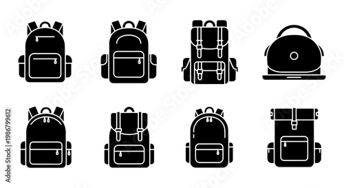 Black backpack icon set, 8 flat vector backpack silhouettes, school bag and travel rucksack collection, outdoor camping gear symbols