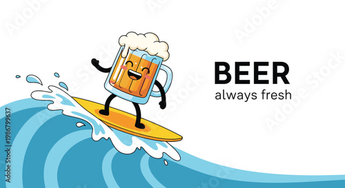 Cheerful beer mug character with foam surfing on a large blue ocean wave with text saying beer always fresh for summer beverage ads.