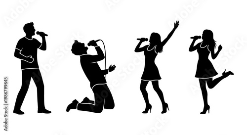 Singer silhouettes set with male and female vocalists, black music performer icons on white background, karaoke and live concert vector elements