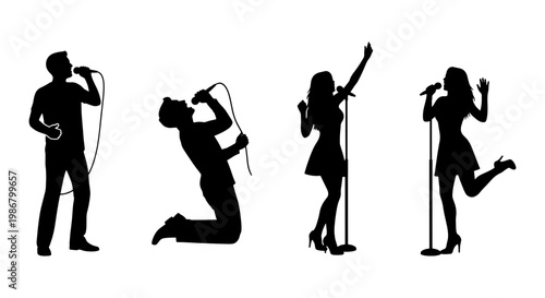 Singer silhouette vector set, male and female vocalists performing with microphones, music concert performers and karaoke artists collection