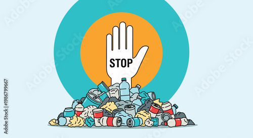 Environmental protest concept showing a hand with a stop sign rising from a huge pile of plastic waste and trash on a blue background.